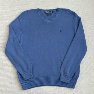 Ralph Lauren 100% Cotton V Neck Pullover Blue Sweater Size Medium